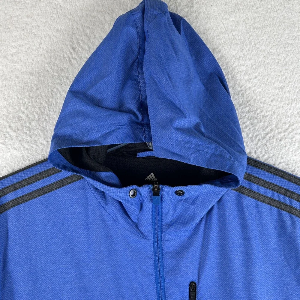 Adidas Jacket Mens Medium Blue Gray Hooded 3 Stripes Windbreaker Zip Up Athletic